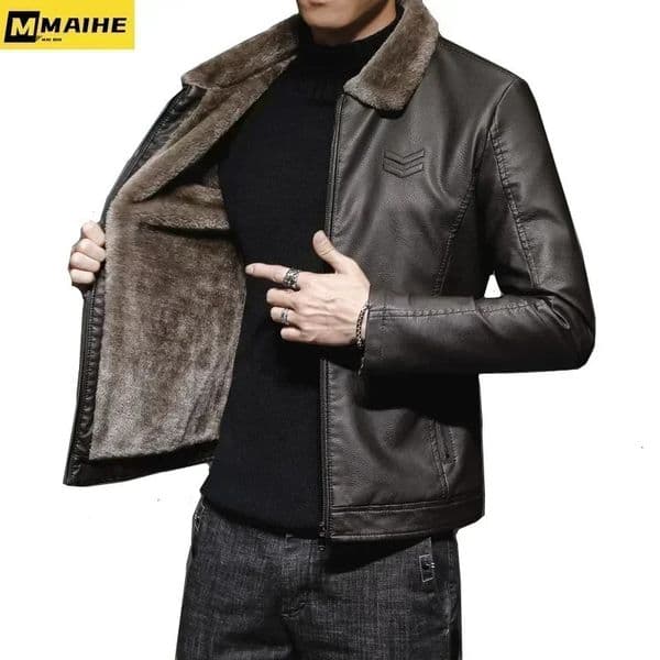 Vintage Brown Leather Jacket Mens Winter Faux Fur Collar Windproof Warm Coat Luxury Clothing Brand chaqueta cuero hombre 241108
