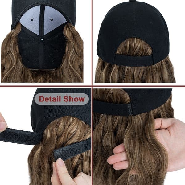 Benehair Hat Wig for Women 8 Inches Wave Baseball Cap Wig with Curly Hair Extensions Wig Synthetic Wave Wig Hat Adjustable Brown