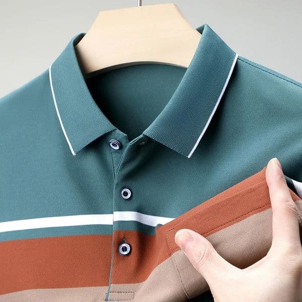 Mens Color Woven Striped Short Sleeved POLO Shirt Cotton Summer Casual Top 240412