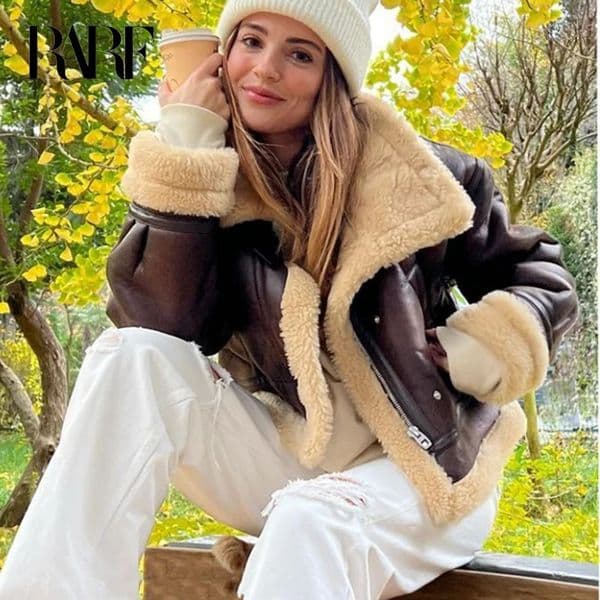 RARF Autumn/Winter Womens Artificial Sheepskin Short Jacket Retro Womens Motorcycle Zipper Thick Coat Wool Coat 241112