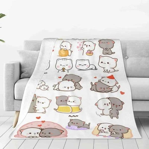 Cute Peach And Goma Blanket Cartoon Mochi Cat Flannel Throw Blankets Summer Air Conditioning Personalised Soft Warm BedspreadsXJ241111