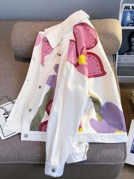 Jmprs Harajuku Womens Denim Jacket Loose Bf Printed Flower Jeans Coat Spring White Y2K Womens Coat 241112