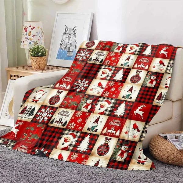 KACISSTY Christmas Blanket Cartoon Santa Snowman Red Plaid Printed Flannel Throw Blankets Cozy Warm Fuzzy Quilts Xmas GiftsXJ241111
