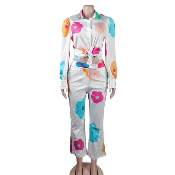 Plus Size Floral Print Suit Set Women Chubby Blouse Crop Top 2023 Autumn Female Luxury Elegant Clothing Two Piece Matching Sets