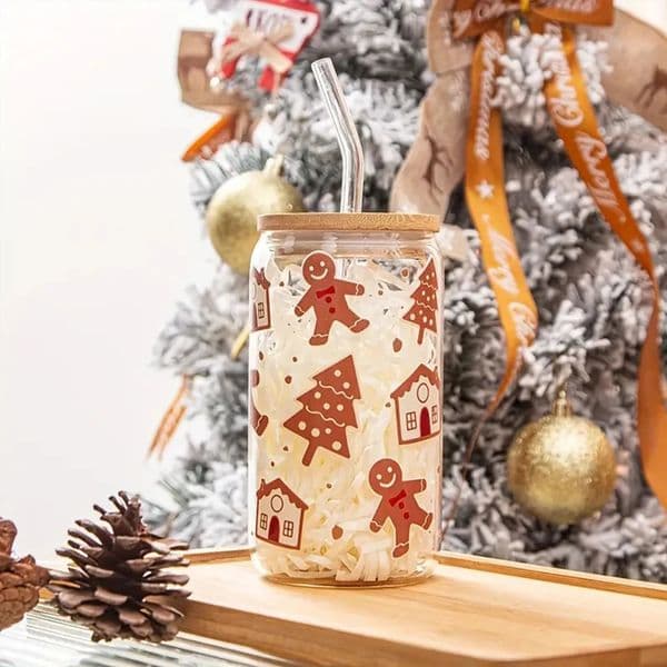 16 oz gingerbread mens pattern transparent drinking glass jar high borosilicate with bamboo lid Uv custom sticker Christmas gift 241111