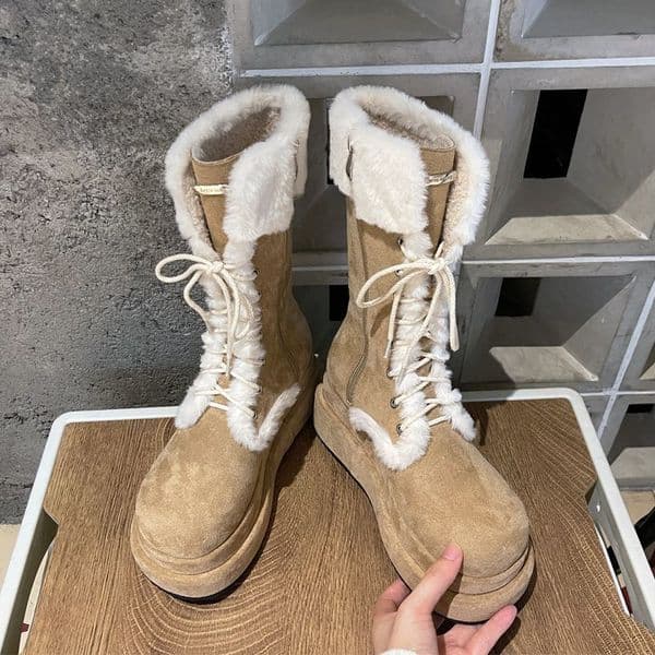 Fashion Lace-up Thickened Women Half Boots Thick-heeled Thick-soled High Warm Snow Comfortable Cotton Shoes Winter Ladies Girls Stylish Comfortable