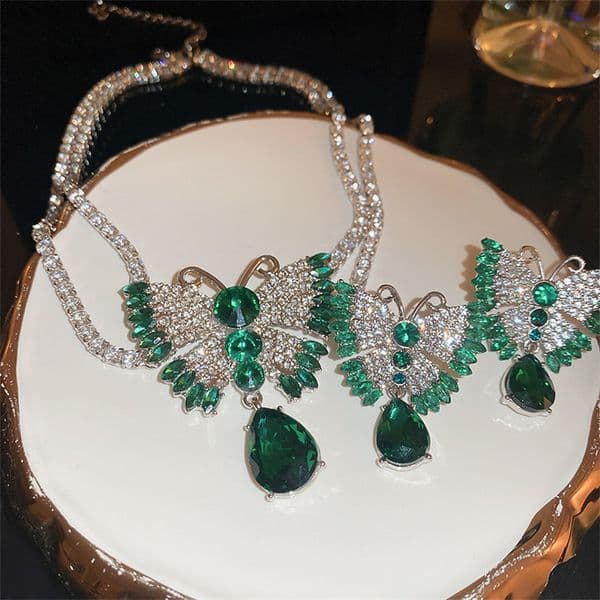 FYUAN Butterfly Necklace Earrings Sets Green Crystal Necklace Women Weddings Bride Jewelry Accessories 169a6 5 63f7b