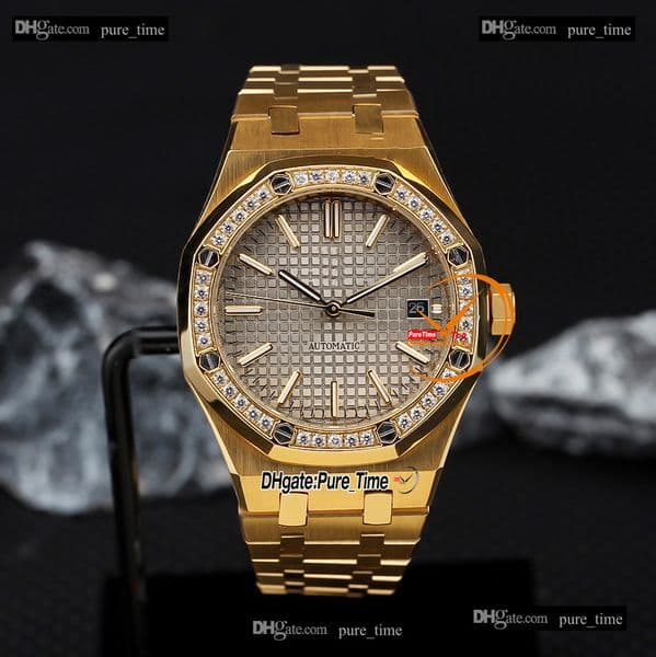 New 41mm Gray Texture Dial 15400 A2813 Automatic Mens Watch Diamond Bezel 18K Yellow Gold Case Bracelet Gents Sport Watches Wristwatches Pure_Time Z06D