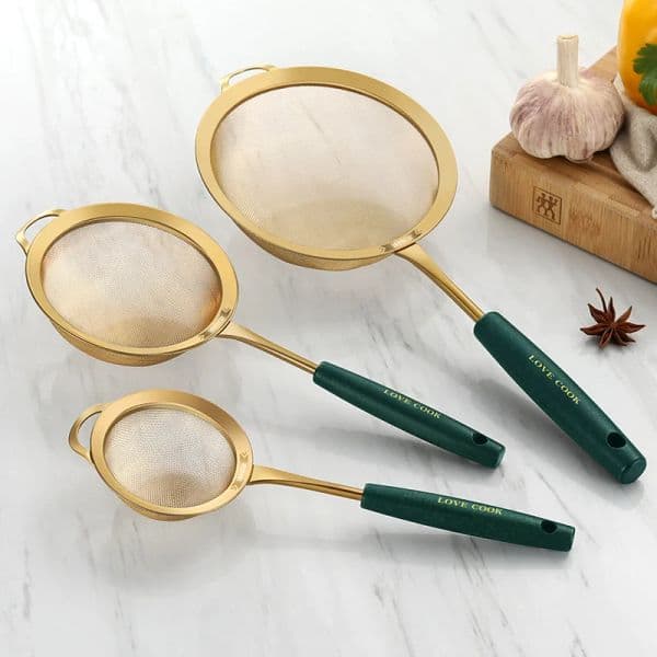 For Home Kitchen Green Gold Colander Juice Strainer Fried Food Skimmer Fine Mesh Filter Spoons Flour Sieve Cooking Utensils