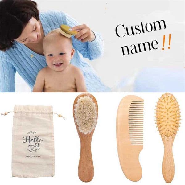 Customized baby hair comb with wooden handle natural soft wool brush baby boys and girls shower soft wool brush newborn massage comb W241112