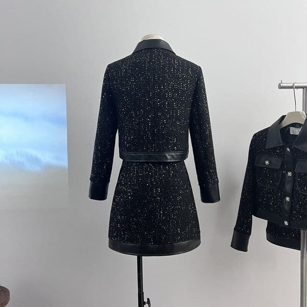 Autumn Black Leather Spliced Two Piece Set for Women Skirt Long Sleeve Jacket + Mini Skirt Suits Vintage Femme 2 Pieces Outfits