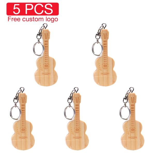 5PCS/LOT Wood Guitar USB 2.0 Flash Drive 128GB Free Logo Pen Drive 64GB with Box Memory Stick Music Creative Wedding Gift U disk
