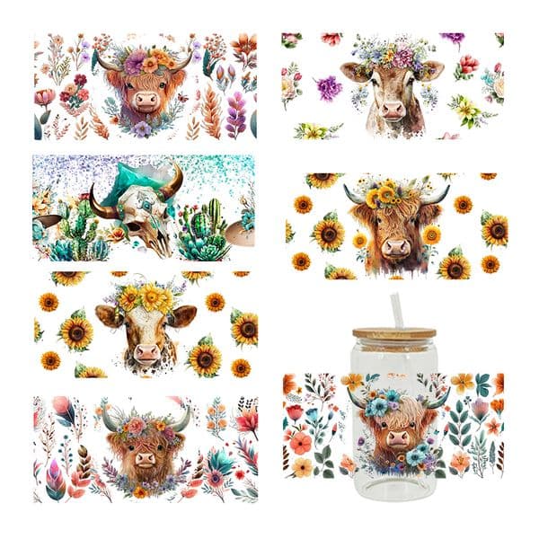 3D UV DTF Transfers Stickers 16oz Cup Wrap Cow And Flower Printed For DIY Glass Ceramic Metal Leather Etc. D1985