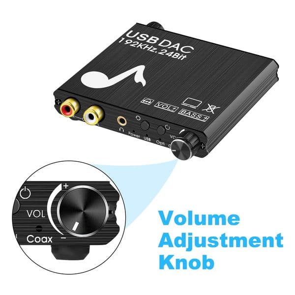 USB DAC 192kHz 24Bit Digital to Analog Converter with Bass&Volume Control Coaxial Toslink to Analog Stereo L/R RCA 3.5 MM Jack