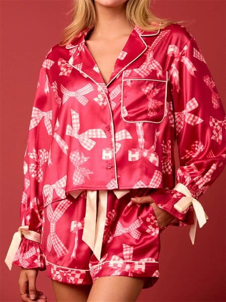 Women 2025 Christmas Pajama Set 2 Piece Button Down Shirt Nutcracker Satin Bow Santa Sleep Shorts Outfit Y2k Loungewear 241112