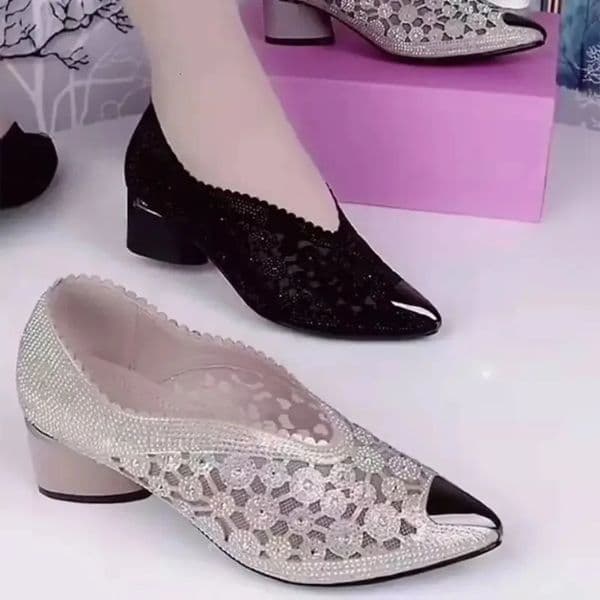 2024 Spring/Summer/Autumn Water Diamond High Heels Black Bow Womens Fashion Mesh Hollow Fashion Shoes 241111