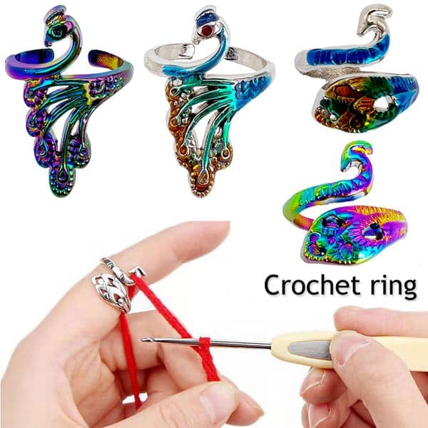 DIY Peacock Ring Knitting Loop Crochet Tool Fish Thread Knitting Ring Finger Wear Thimble Yarn Adjustable Open Fingering Tools
