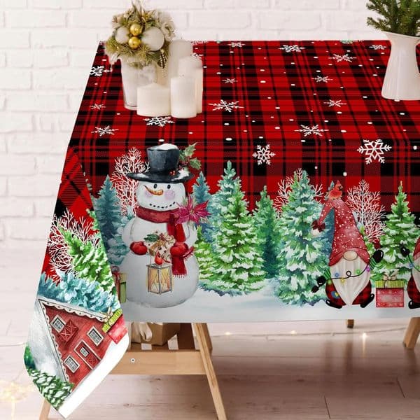 Christmas Snowman Waterproof Tablecloth Party Decor Xmas Washable Red Green Plaid Table Cloths Kitchen Dining Room 241111