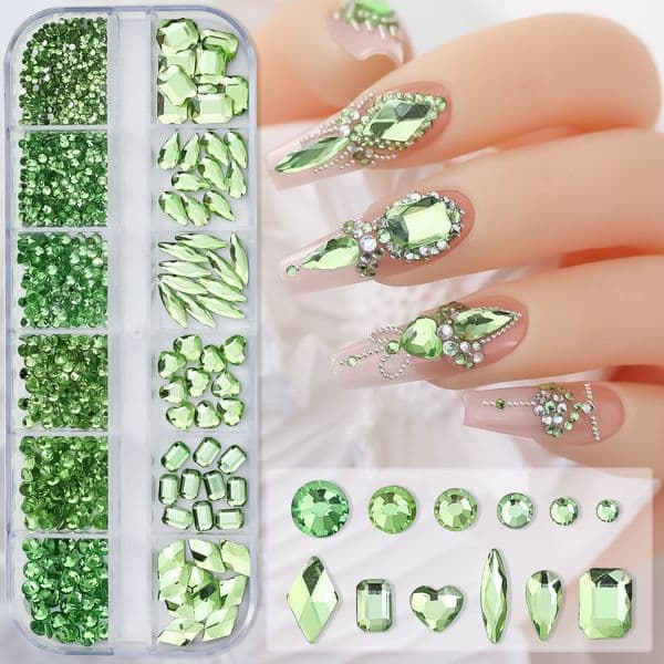 Green Crystal Nail Art Rhinestones 3D AB DIY Nail Art Decorations Glass Diamond Gem 3D Glitter Nail Stones Strass 12grids