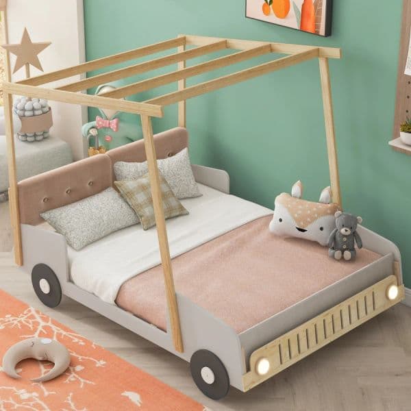 Full/Twin Size Car BedWood Kids Car Bed with PillowSturdy FrameCeiling Cloth u0026 LEDNo Box Spring RequiredBedroom Furniture