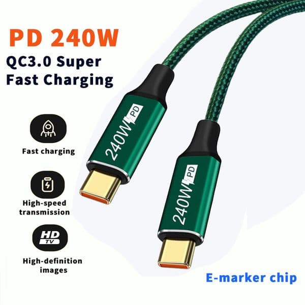 Type-C Fast Charging Data Cable, Power Cable for Laptop, Power Cord, 5A, PD240W