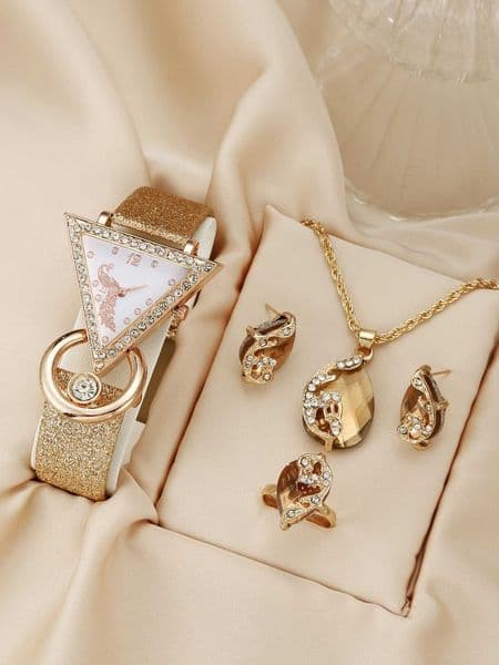 Luxury womens rhinestone quartz belt watch+jewelry setXJ241109
