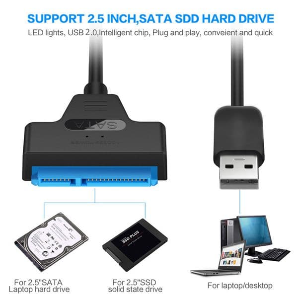Copper+ABS Shell 20cm USB 2.0 to SATA 22Pin Adapter Cable for 2.5 inch HDD SSD