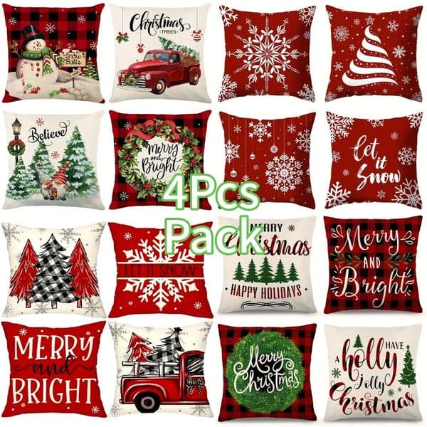 4pcs Red Christmas Pillow Case Covers Decor Wreath Santa Claus Tree Holly Jolly Winter Holiday Cushion Case For Home 241111