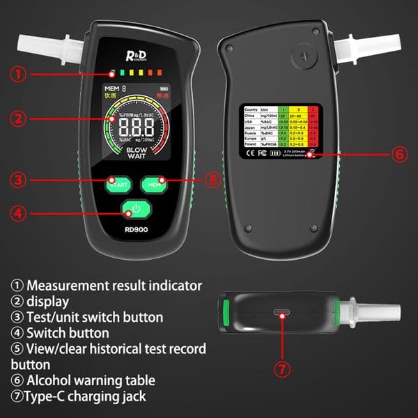 High Accurancy Alcohol Tester Digital LED Display Breathalyzer USB Rechargeable Breath Tester Breath Analyzer Alcohol Detection