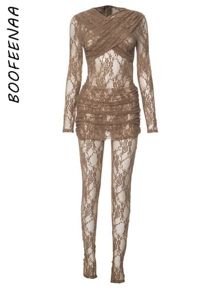 BOOFEENAA See-through Lace 2025 new Mesh Black Jumpsuit with Skirt Two Piece Set Sexy Clothes for Women Clubwear Outfits 2024 C85-EI24