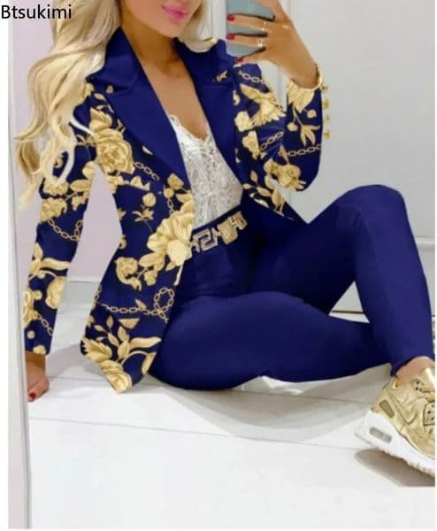 Womens formal jacket and mens office womens autumn womens two-piece printed jacket and pants set for women 241112
