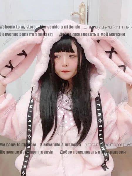 Autumn and winter oversized cute soft black faux fur coat womens rabbit ear Kawaii loose fluffy jacket hooded sweatshirt 241112