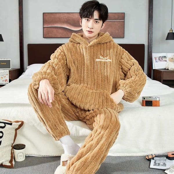 Mens Coral Velvet Sleepwear Terrace Autumn Winter Thick Sleepwear Youth Flannel Hoodie Warm Mens Home Furnishing Set 241112