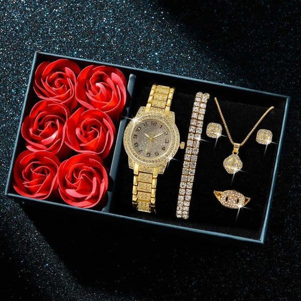 6Pcs Fashion Luxury Women Watch Necklace Earrings Ring Set For Women Rhinestone Wristwatch Bracelet Set Valentines Day GiftXJ241109