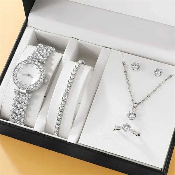 6PCS Set Luxury Watch Women Ring Necklace Earring Rhinestone Fashion Wristwatch Casual Ladies Watches Bracelet Set ClockXJ241109