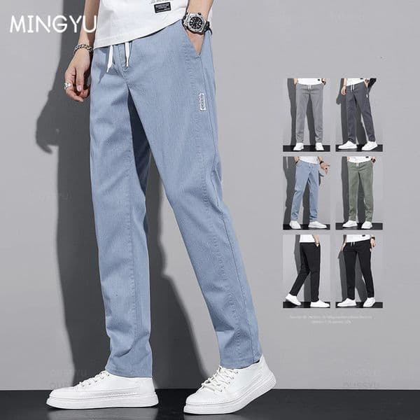 spring and summer cotton mens casual pants classic brushed elastic waist thin elastic blue jogging work cargo mens style 241112