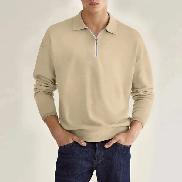 Spring and Autumn Classic Mens Daily Casual Preppy Style Solid Color Zipper Decorated Loose Lapel Long-Sleeved POLO Shirt 241113