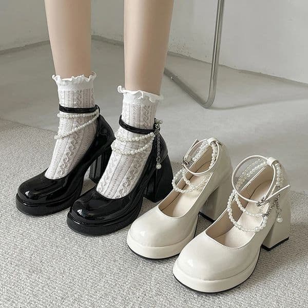 Y2K Chunky Platform High Heels Pumps Women Summer Patent Leather Black White Lolita Shoes Woman Pearl Ankle Straps Pumps 241112