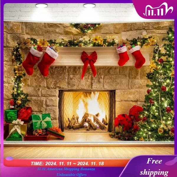 Christmas fireplace theme background for photography soft wrinkled non-woven tree socks decoration for Christmas party supplies W241113