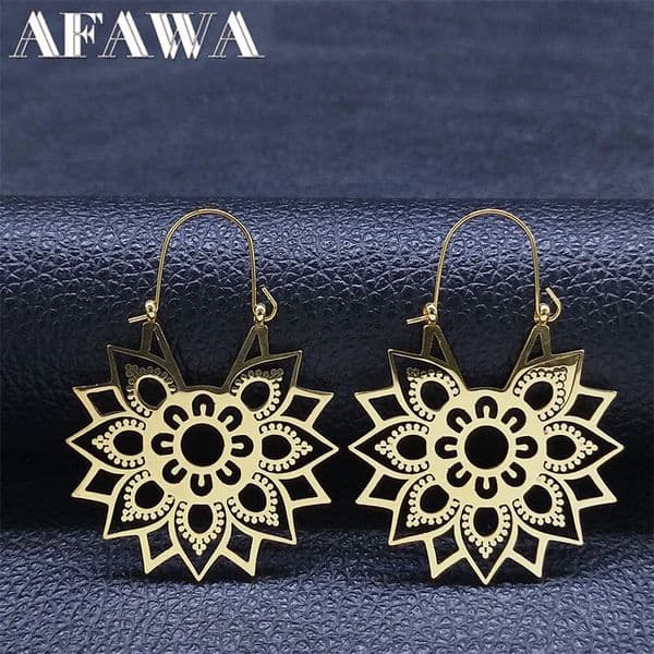 Trendy Yoga Lotus Flower Earrings Stainless Steel Gold Color Hoop for Women Jewelry boucles doreilles E9360S01 241114