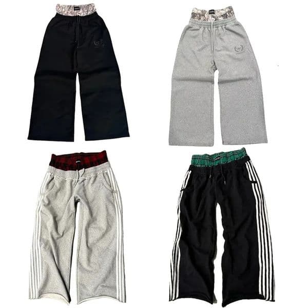 Y2K pants vintage Harajuku double Embroidered waist Sweatpants Men Wome Hip Hop Casual High waisted Wide Leg Pants Streetwear 241202Z