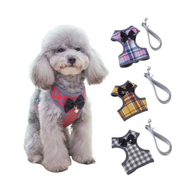 Plaid Dog Harness and Leash Set Pet Cat Vest Harness With Bowknot Mesh Padded For Small Puppy Dogs Chihuahua Yorkies Pug 10AXJ241104XJ241114