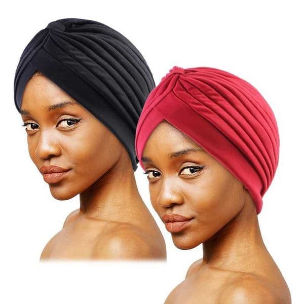 2 Knot Crinkle turbine caps in black and dark blue with elastic head scarves and lightweight chemical caps W241113
