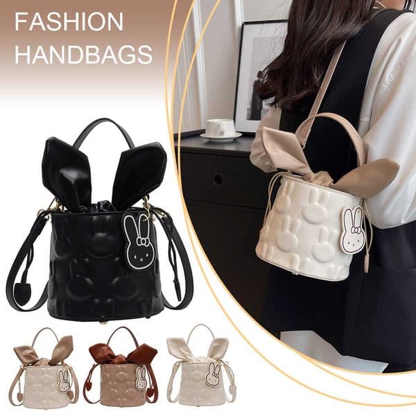 Women Bunny Bucket Bag Cylinder Tote Bag Large Capacity PU Stylish Crossbody Bag Adjustable Strap with Pendant Daily Sling Bag