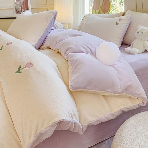 embroidery floral 2x23m duvet 4pcs cover set fleece bedding set pastel ple beige comforter coverY260610