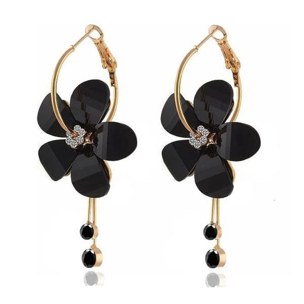 Boho Acrylic Flower Hoop Earrings Black Crystal Petal Tassel Drop for Women Girls Mom Gifts Jewelry Accessories 241114