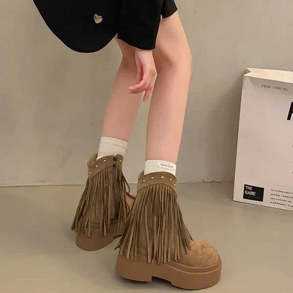 High Quality Retro short and chubby Wen cowboy boots Fi Tassel shoes autumn and winter platform high heels womens short boots T241113