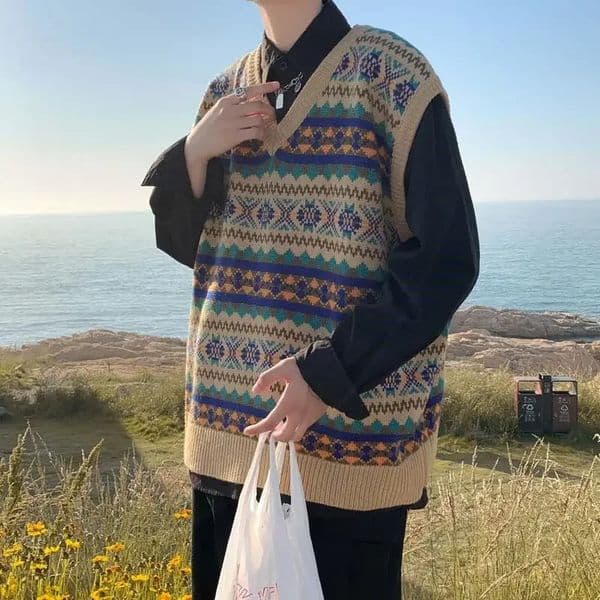 Vintage Waistcoat Korean Clothes Sweaters Male V Neck Mens Knitted Vest Smooth Open Top Cashmere In Sleeveless Y2k 241114