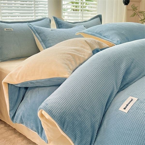 Beige Bedding Set 4 Piece Waffle Fleece Duvet Cover Double Bed Size 2x2.3M Soft Warm Comforter