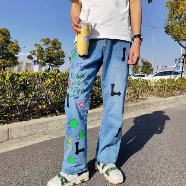 16 Styles Couples Jeans Casual Mens Long Pants Autumn New Splice Leather Jeans Straight Leg Pants High Street Womens Denim CSD2411149-12